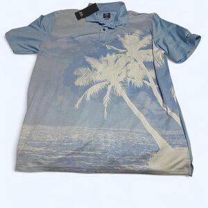 Oakley Blue and White Polo Shirt with Tropical Design